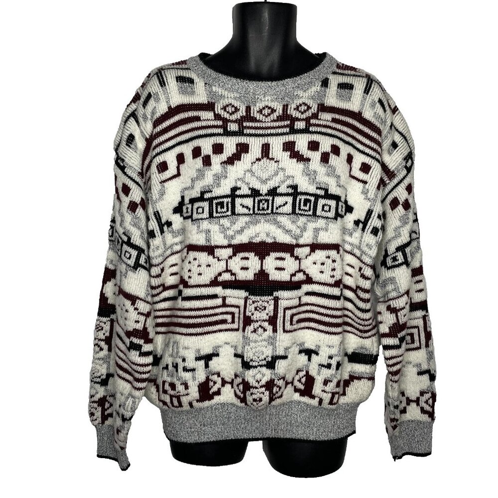 Vintage 80s Expressions Chunky Knit Sweater Mens Size L Gray White Geometric